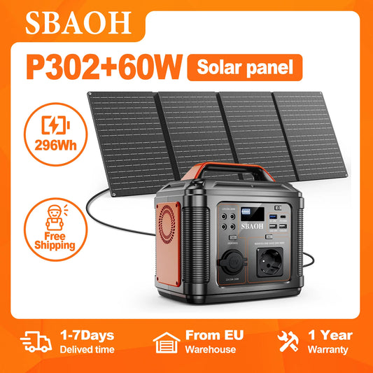 Centrale électrique portable SBAOH 296Wh/300W, prise de courant 110V à onde sinusoïdale pure! Panneau solaire 60 W inclus, sauvegarde camping/coupe d'énergie