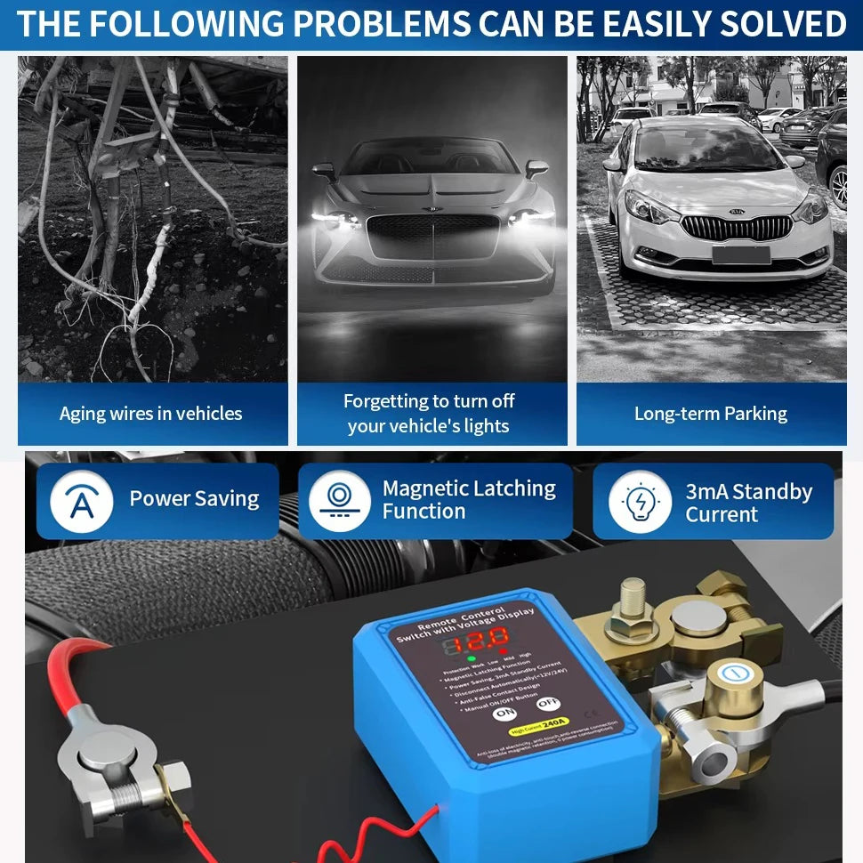 Interrupteur principal de batterie automatique avec télécommande, interrupteur d'arrêt 240A, interrupteur de déconnexion de batterie à distance 12V avec affichage de tension Led automatique