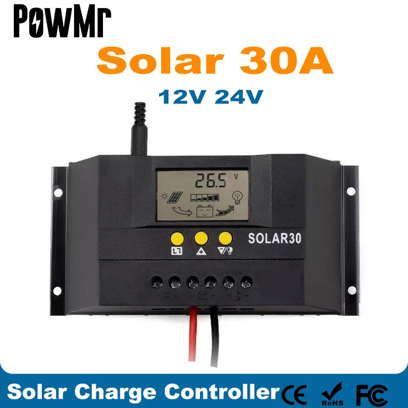PowMr – contrôleur de Charge solaire LCD 30A, avec télécommande de 4M, capteur de température 12V 24V, panneau PV, contrôleur de Charge de batterie, système solaire