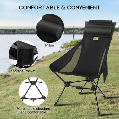 WESTTUNE Chaise de camping pliante légère à dossier haut avec support de tête Chaise longue de plage de pique-nique de voyage en plein air compacte portable