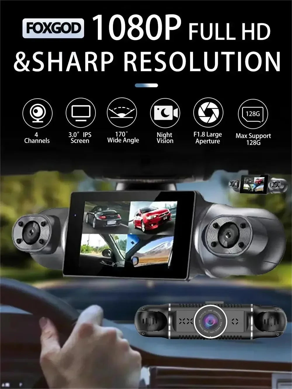 Caméra de tableau de bord DVR pour voiture, WiFi, GPS, FHD, 4 objectifs x 1080P, moniteur de stationnement 24 heures, enregistreur vidéo en boucle, Vision nocturne, boîte noire