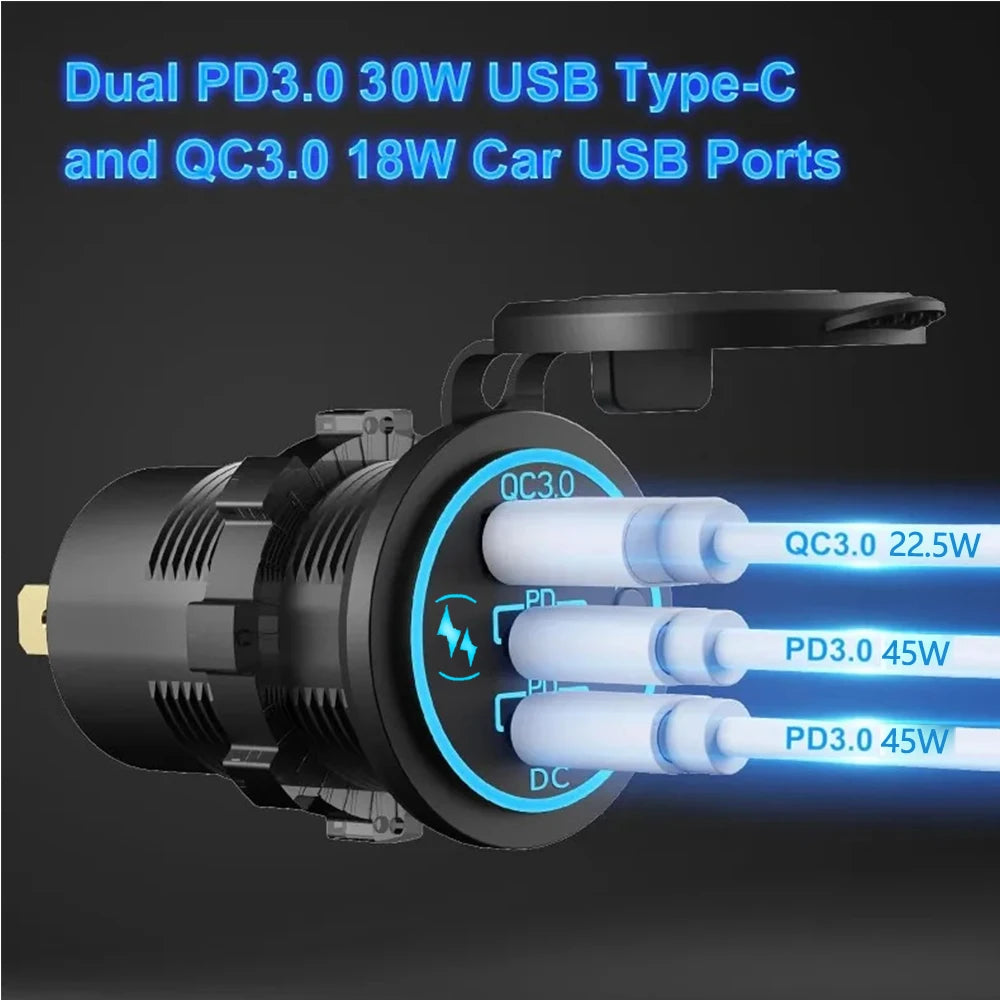 Prise de chargeur de voiture étanche avec interrupteur tactile LED, double ports USB C, charge rapide, adaptateur moto, PD3.0, QC3.0, 78W, 12V, 24V