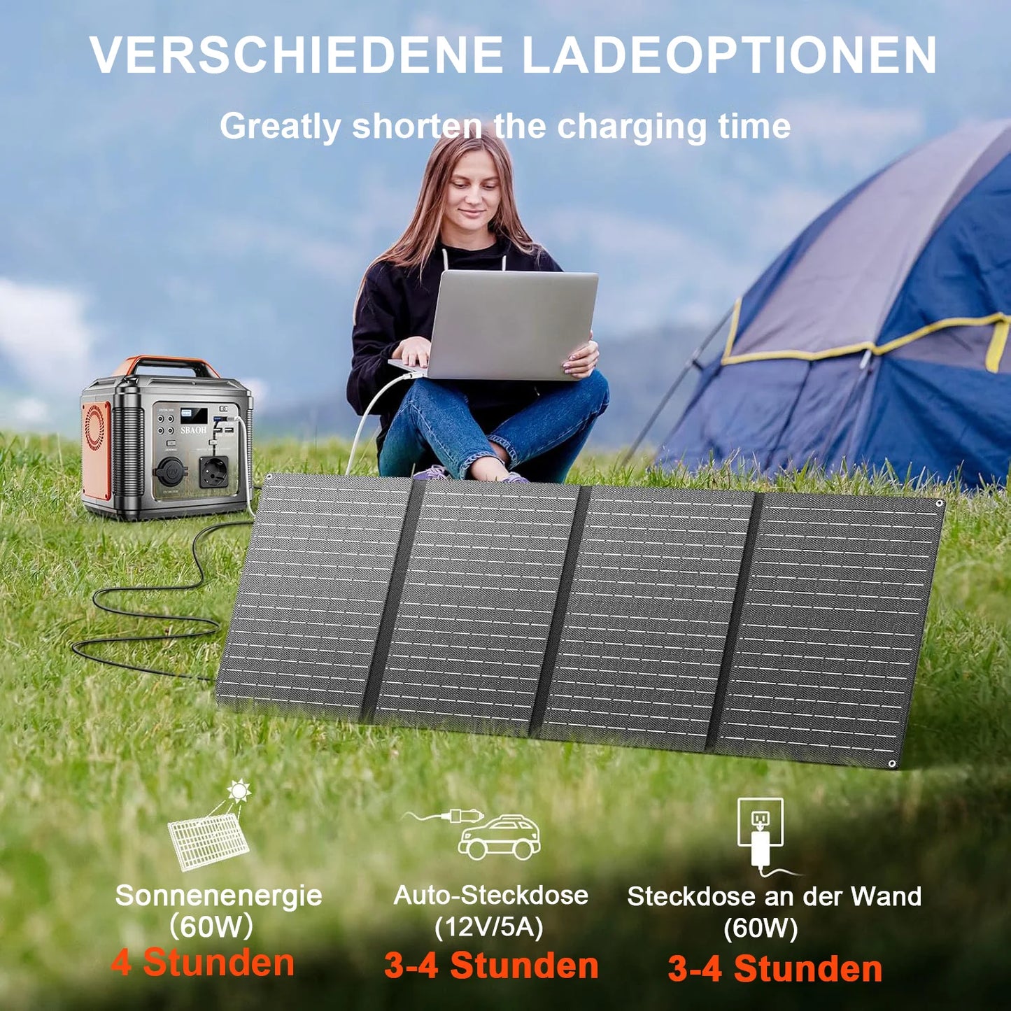 Centrale électrique portable SBAOH 296Wh/300W, prise de courant 110V à onde sinusoïdale pure! Panneau solaire 60 W inclus, sauvegarde camping/coupe d'énergie