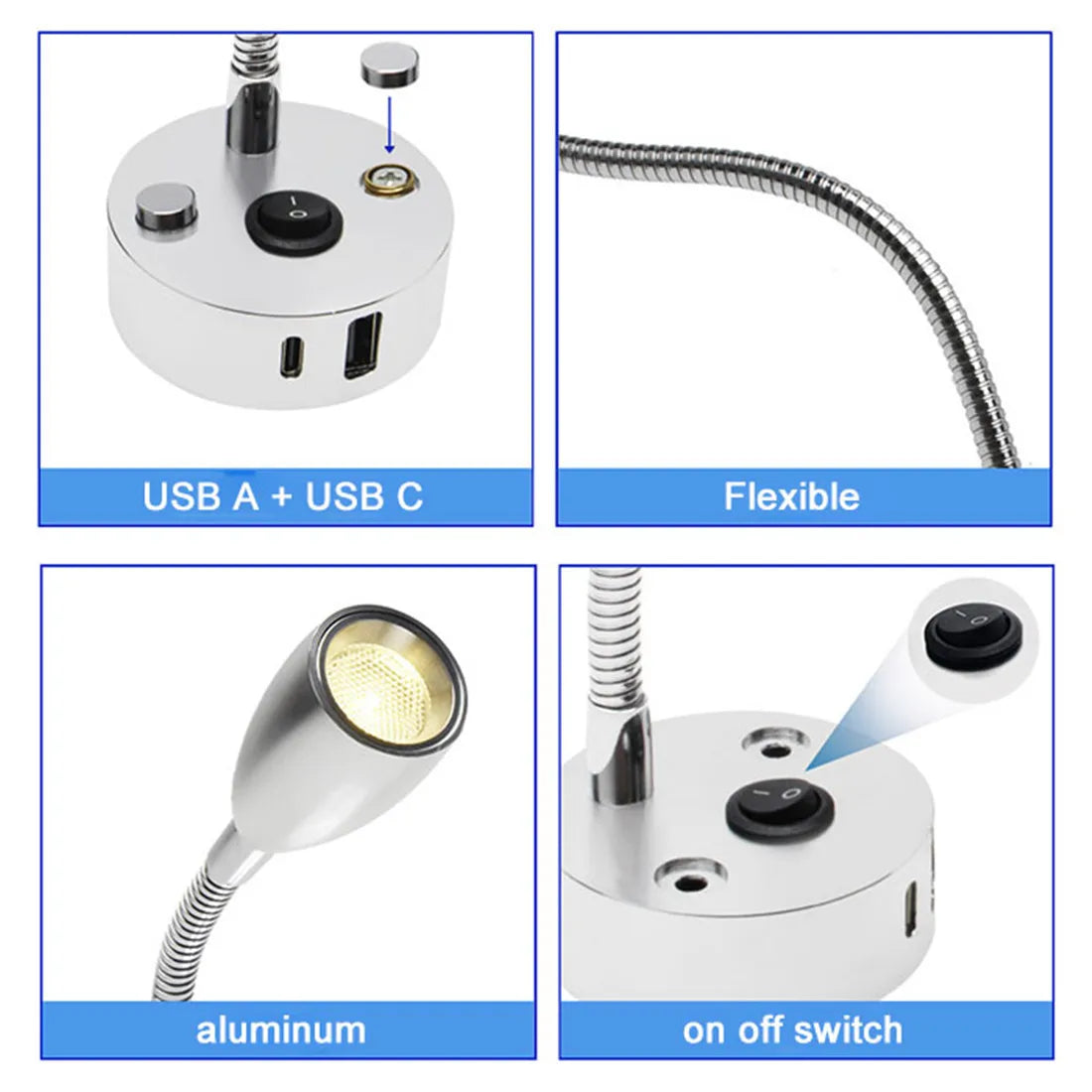 Lampe de lecture à col de cygne 12V pour camping-car, avec chargeur rapide USB Type C, lumière Flexible de 24 volts pour bateau, camping-car, Van, remorque, lumières intérieures