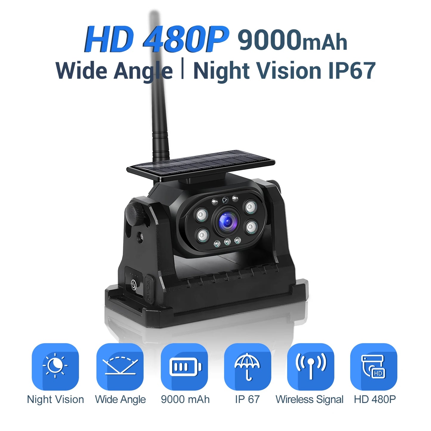 Podofo caméra de recul de voiture WiFi sans fil bande solaire batterie 1080P Vision nocturne infrarouge caméra de sauvegarde magnétique pour universel