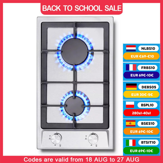 TopStrong 2 brûleurs en acier inoxydable avec protection automatique des flammes, plaque de cuisson de gaz intégré au gaz naturel proane YYEUGCT-S02