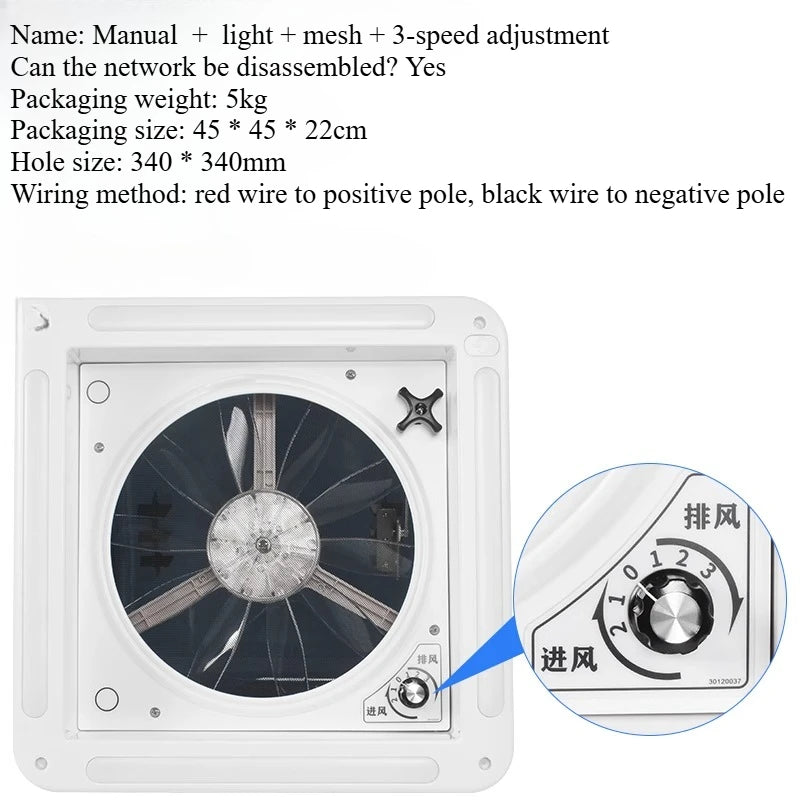 Ventilateur de ventilation pour camping-car avec lumière LED, ventilateur de toit pour camping-car, 3/6 vitesses réversibles, évent de salle de bain 12V/24V pour remorque, camping-car, Van