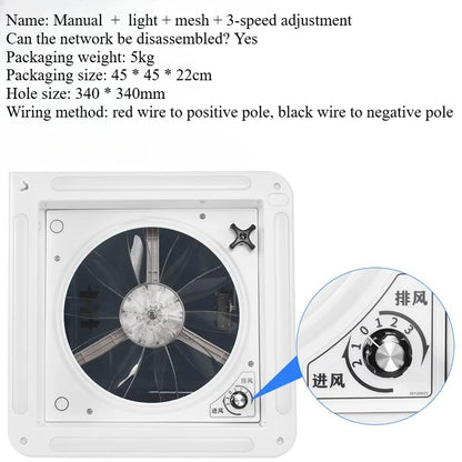 Ventilateur de ventilation pour camping-car avec lumière LED, ventilateur de toit pour camping-car, 3/6 vitesses réversibles, évent de salle de bain 12V/24V pour remorque, camping-car, Van