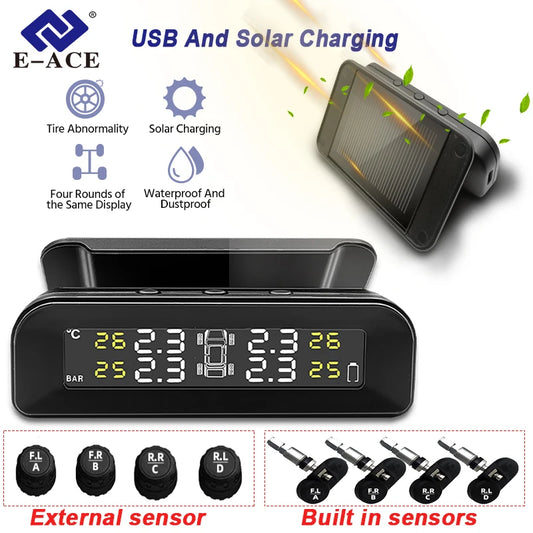 E-ACE Intelligent TPMS voiture pression des pneus alarme système de surveillance de la température 4 capteurs affichage solaire Intelligent USB et charge solaire