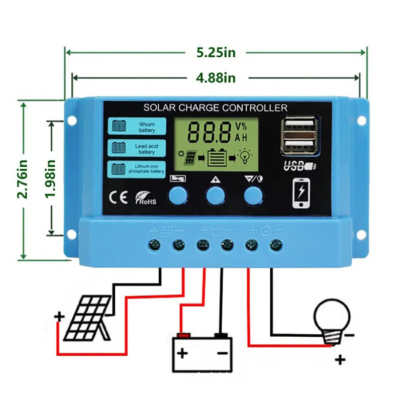 Régulateur solaire 12V/24V 30A 20A 10A, chargeur de batterie PWM, affichage LCD, double sortie USB 5V, contrôleur solaire