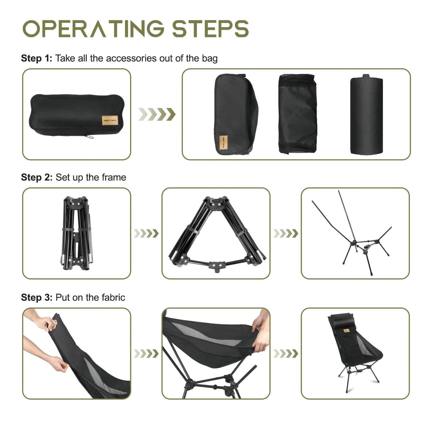 WESTTUNE Chaise de camping pliante légère à dossier haut avec support de tête Chaise longue de plage de pique-nique de voyage en plein air compacte portable