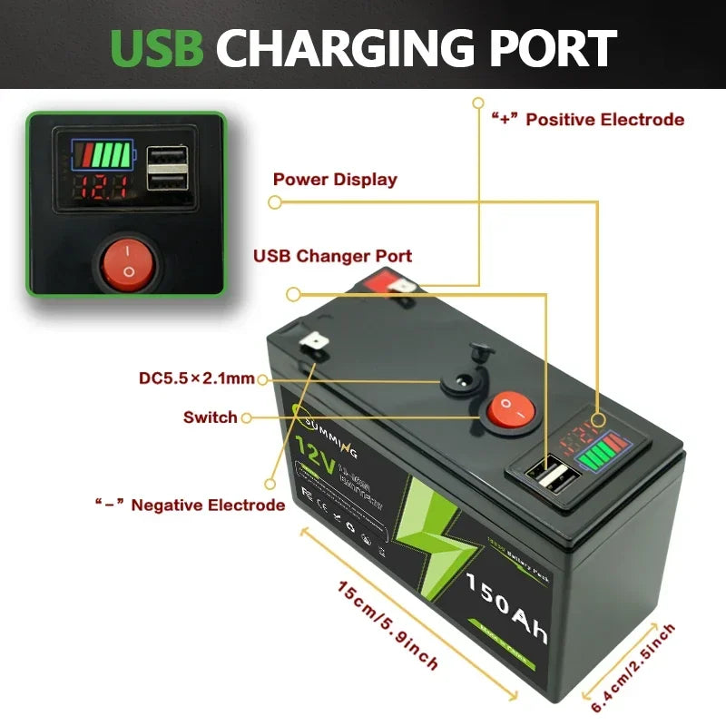 LiFePO4 12V 150Ah  Rechargeable Lithium Battery,Built-in BMS,Perfect for Ride on Toys,solar panels,Fish Finders,Power Wheels