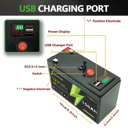 LiFePO4 12V 150Ah  Rechargeable Lithium Battery,Built-in BMS,Perfect for Ride on Toys,solar panels,Fish Finders,Power Wheels