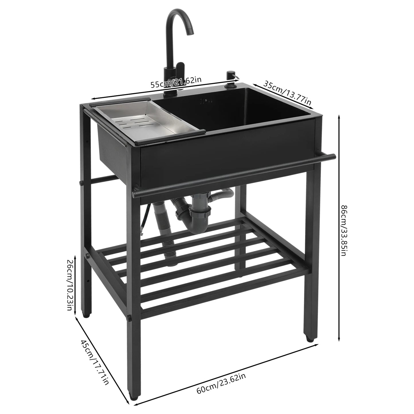 Ensemble d'évier de cuisine rectangulaire autoportant moderne en acier inoxydable 201 noir 60x45x86cm avec accessoires