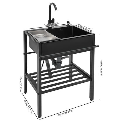 Ensemble d'évier de cuisine rectangulaire autoportant moderne en acier inoxydable 201 noir 60x45x86cm avec accessoires