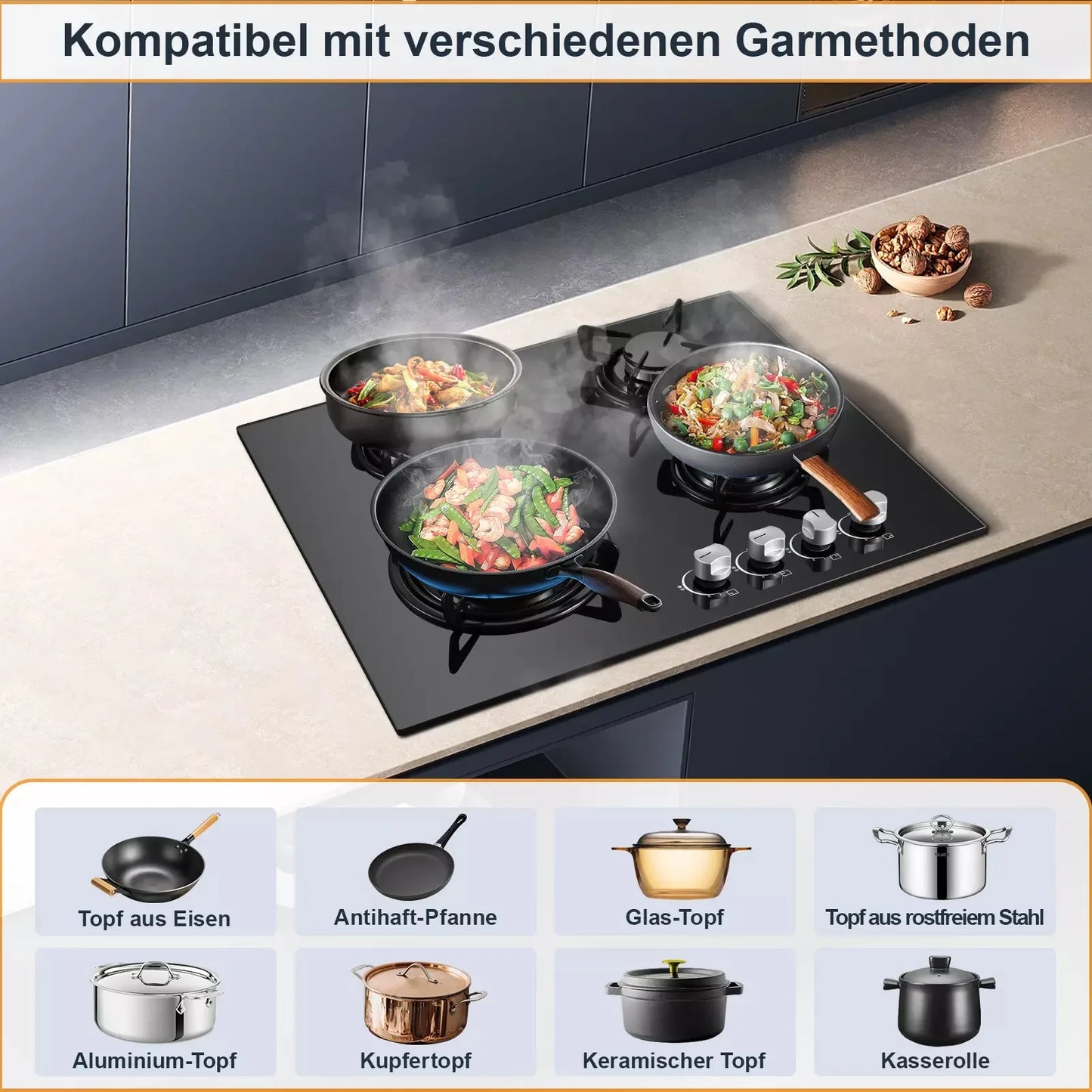 Topbathing-Table de cuisson encastrée en verre et en céramique, 4 brûleurs, gaz naturel, gaz propane