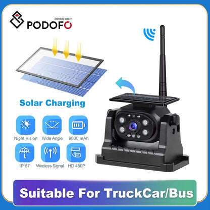 Podofo caméra de recul de voiture WiFi sans fil bande solaire batterie 1080P Vision nocturne infrarouge caméra de sauvegarde magnétique pour universel