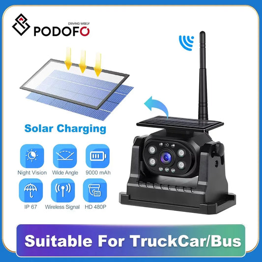 Podofo caméra de recul de voiture WiFi sans fil bande solaire batterie 1080P Vision nocturne infrarouge caméra de sauvegarde magnétique pour universel