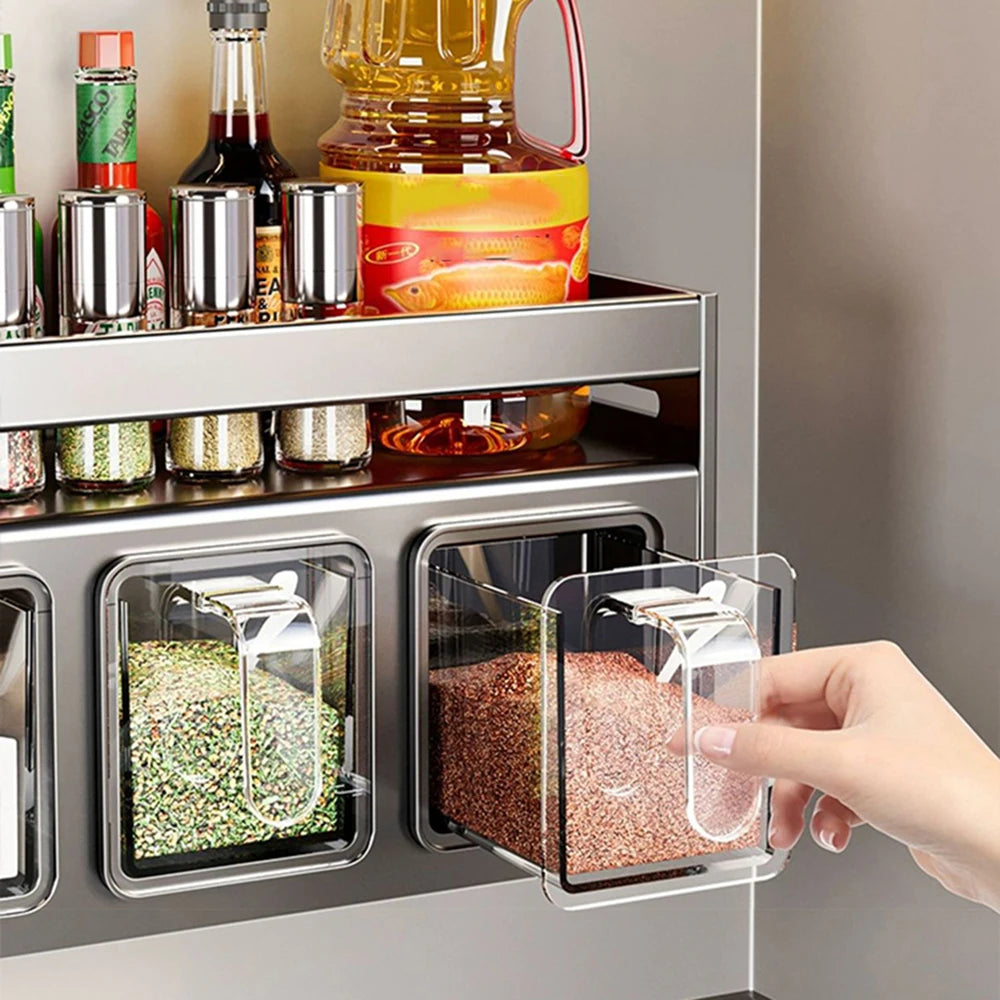1 étagère d'assaisonnement de cuisine équipée, sans perçage, tenture murale, comptoirs, armoires, étagère de rangement d'assaisonnement multifonctionnelle