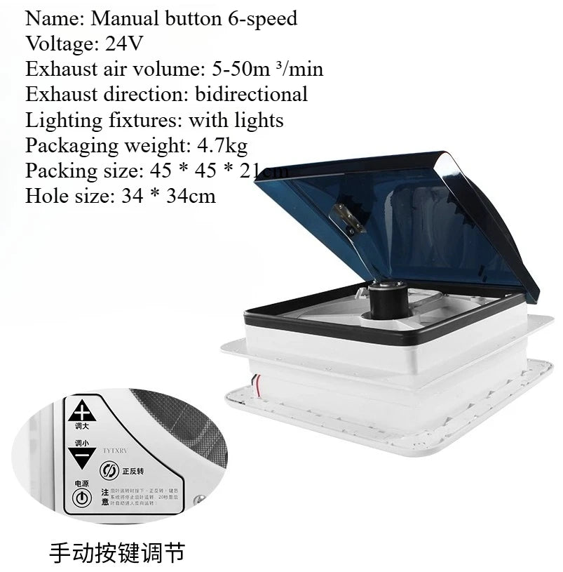 Ventilateur de ventilation pour camping-car avec lumière LED, ventilateur de toit pour camping-car, 3/6 vitesses réversibles, évent de salle de bain 12V/24V pour remorque, camping-car, Van