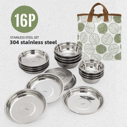 Ensemble d'assiettes en acier inoxydable 304, 16 pièces, 20 pièces, vaisselle de Camping, visite autonome, barbecue, bassin à soupe domestique, ensemble de plats, nouveauté