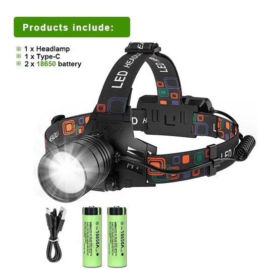 Lampe frontale en alliage d'aluminium Rechargeable par USB lampe frontale Super lumineuse 3 Modes d'éclairage phares phares Zoomables lumière frontale
