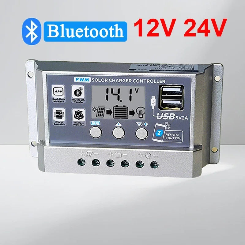 Contrôleur de Charge solaire PWM Wifi Bluetooth 10A 30A 60A 12V 24V, déchargeur de Charge double USB automatique, régulateur de panneau solaire, écran LCD
