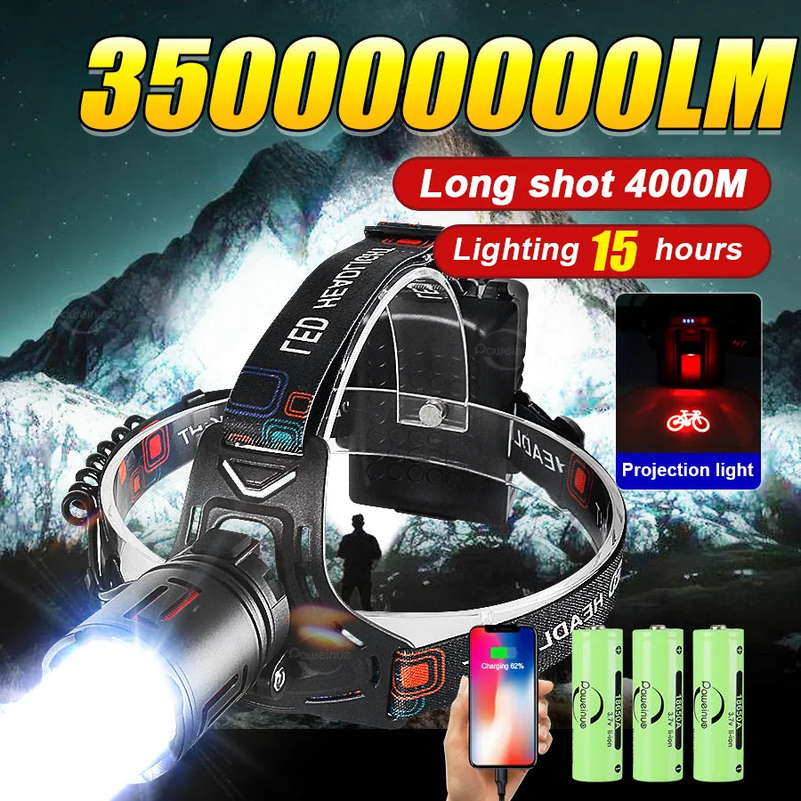 350000000   Lampe frontale LED Ultra puissante Super lumineuse 4000M lampe de poche Rechargeable torche frontale pêche chasse phare 18650