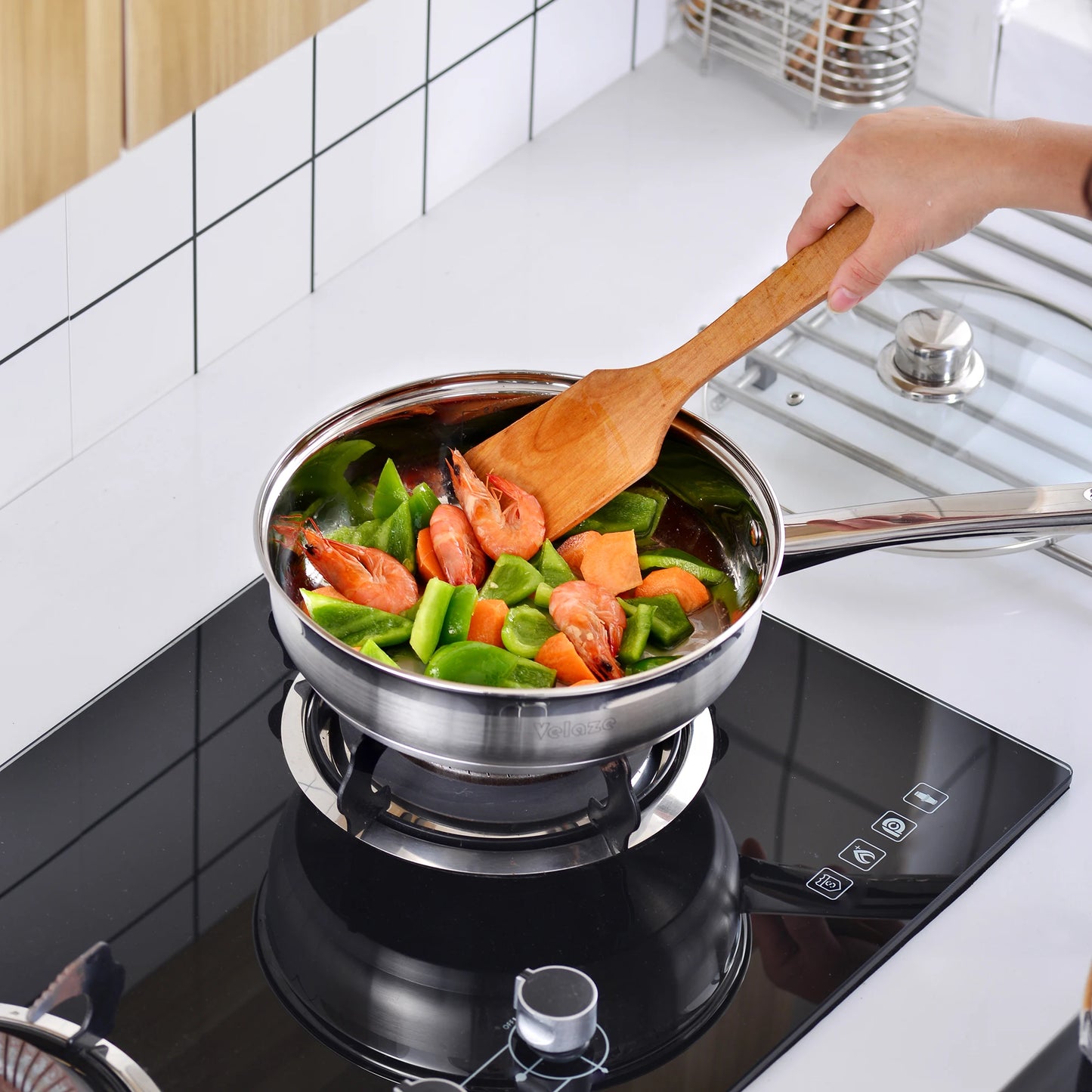 Velaze – ensemble d'ustensiles de cuisine, ensemble de 12 pièces, casseroles et poêles en acier inoxydable, sans danger pour l'induction, casserole, Casserole, avec couvercle en verre