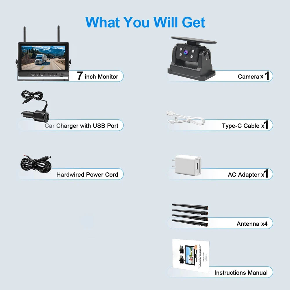 Caméra de recul magnétique sans fil pour remorque, HD 1080P, caméra solaire, longue durée de vie de la batterie, moniteur statique de 7 pouces