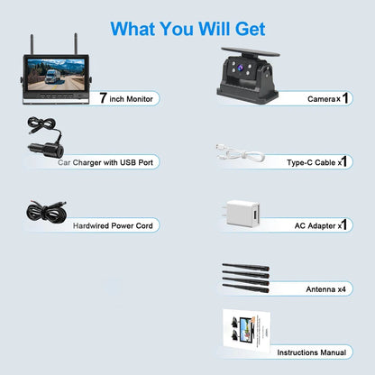 Caméra de recul magnétique sans fil pour remorque, HD 1080P, caméra solaire, longue durée de vie de la batterie, moniteur statique de 7 pouces