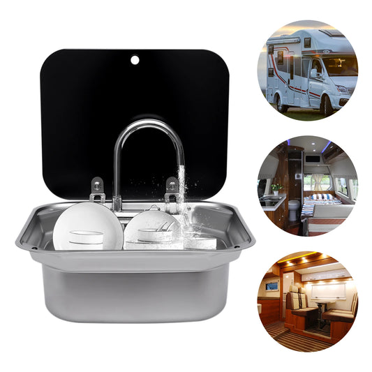 Lavabo à main en acier inoxydable pour caravane et bateau, avec robinet plié, couvercle en verre trempé pour Van, accessoires de remorque de camping-car
