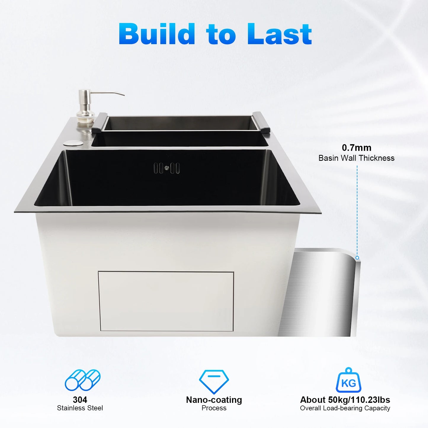 Évier de cuisine moderne en acier inoxydable, diamant noir 7843PB, double évier, égouttoir + distributeur de savon pour nettoyer la vaisselle et les légumes