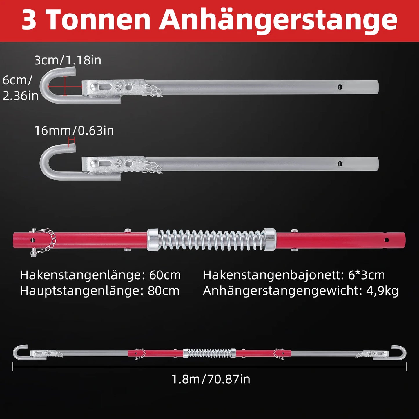 Barre de remorquage de voiture de 3 tonnes avec collier à ressort, coupleur de remorquage rigide Anti-arrière de 1.8m, tampon bidirectionnel, poteaux de remorquage de remorque en acier