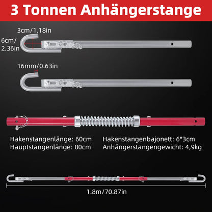Barre de remorquage de voiture de 3 tonnes avec collier à ressort, coupleur de remorquage rigide Anti-arrière de 1.8m, tampon bidirectionnel, poteaux de remorquage de remorque en acier
