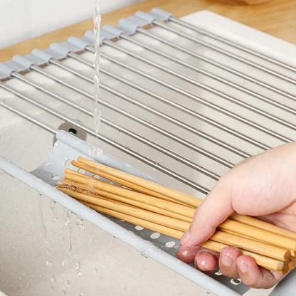 Accessoires de cuisine, égouttoir à vaisselle enroulable 304, étagère d'évier pliable en acier inoxydable, organisateur de rangement de cuisine, égouttoir d'assiettes de bol