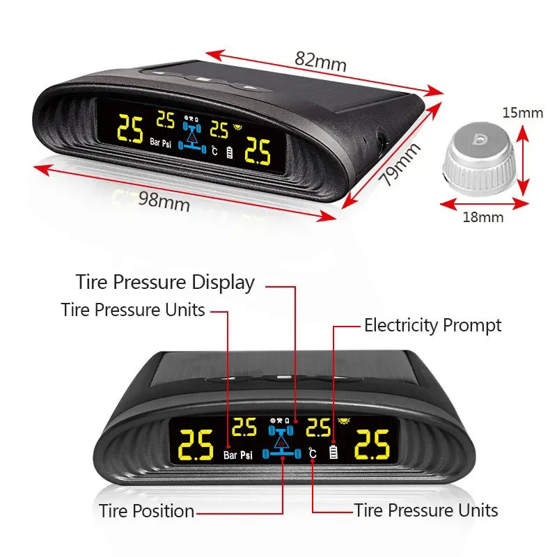 Système de surveillance TPMS de la pression des pneus de voiture SPY, horloge numérique solaire, affichage LCD, système d'alarme de sécurité de la température de la pression des pneus de voiture