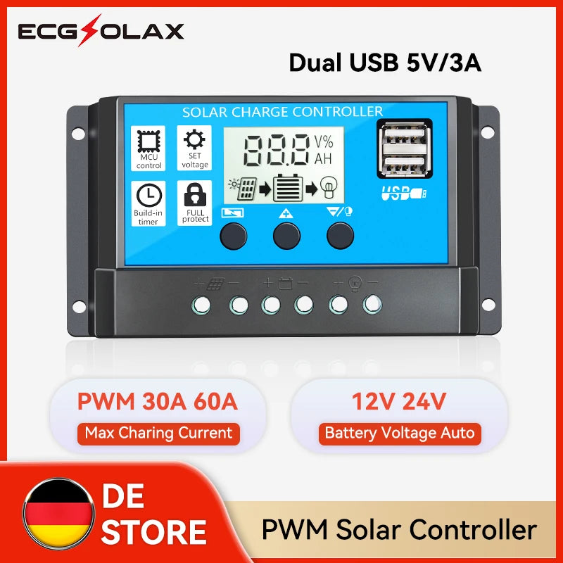 ECGSOLAX 30A 60A PWM contrôleur de Charge solaire 12V 24V régulateur de batterie régulateur de panneau solaire double USB 5V/2A contrôleur de Charge