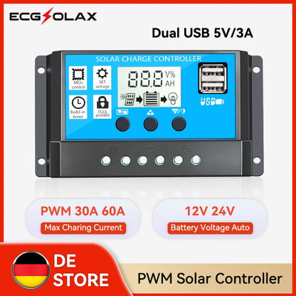 ECGSOLAX 30A 60A PWM contrôleur de Charge solaire 12V 24V régulateur de batterie régulateur de panneau solaire double USB 5V/2A contrôleur de Charge