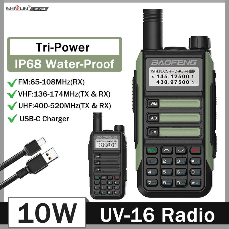 BaoFeng UV16 talkie-walkie 8/10W Tri-puissance IP68 étanche longue portée USB C double bande VHF UHF deux voies Portable jambon Radio bidirectionnelle