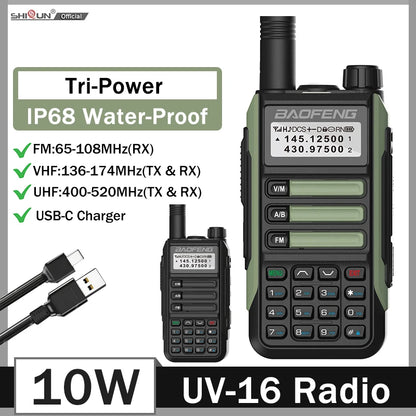 BaoFeng UV16 talkie-walkie 8/10W Tri-puissance IP68 étanche longue portée USB C double bande VHF UHF deux voies Portable jambon Radio bidirectionnelle
