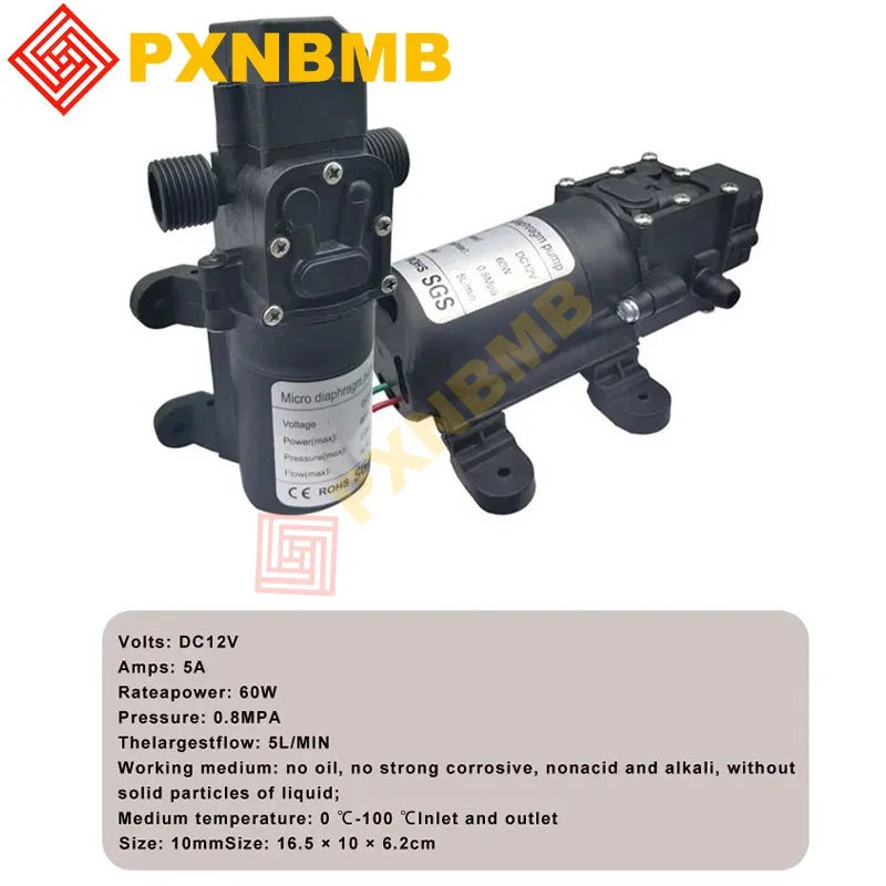 pompe à eau 12v Pompe à membrane haute pression Dc 12V 120PSI 60W 5L/Min, Mini pompe électrique auto-amorçante, Machine à laver à eau, pulvérisation de pesticides