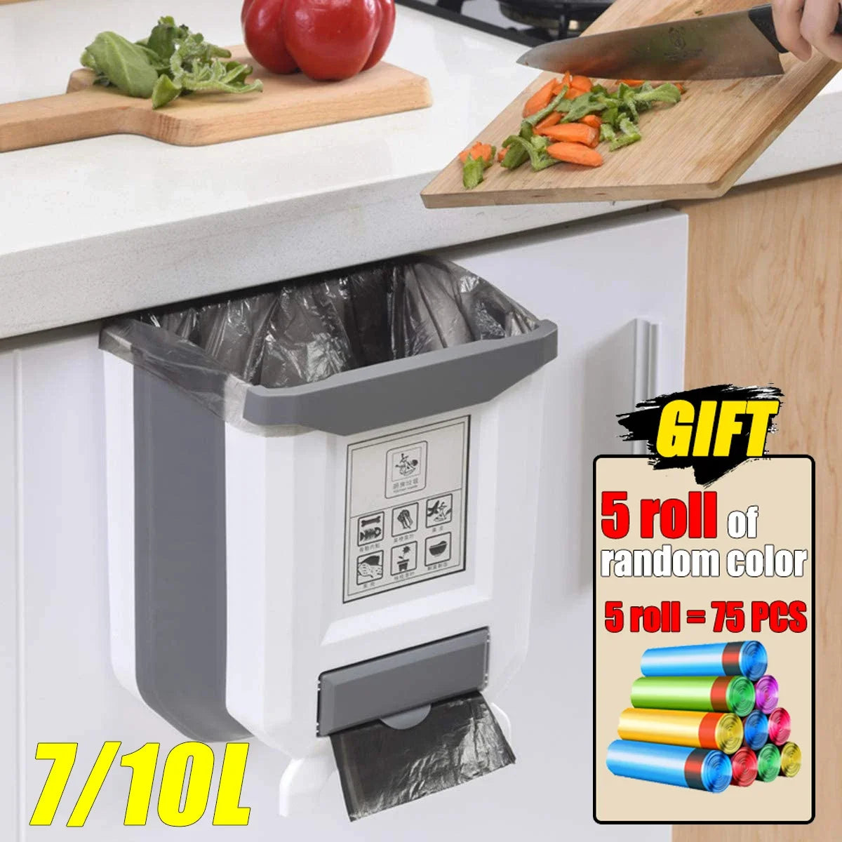 Poubelle pliable murale mince avec sac poubelle, conteneur en plastique suspendu pour cuisine et salle de bains, 7l/10l