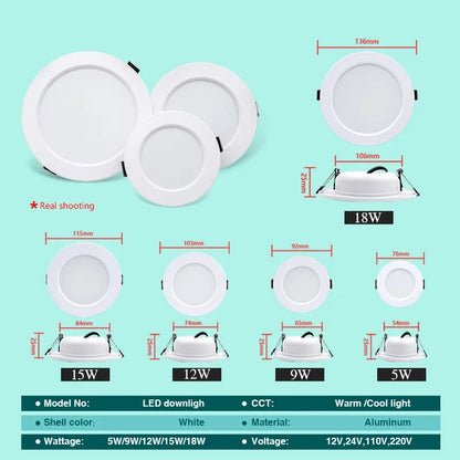 LED Downlight 5W 9W 12W 15W 18W corps blanc rond LED plafonnier DC 12V 24V AC 110V 220V chambre cuisine éclairage LED intérieur