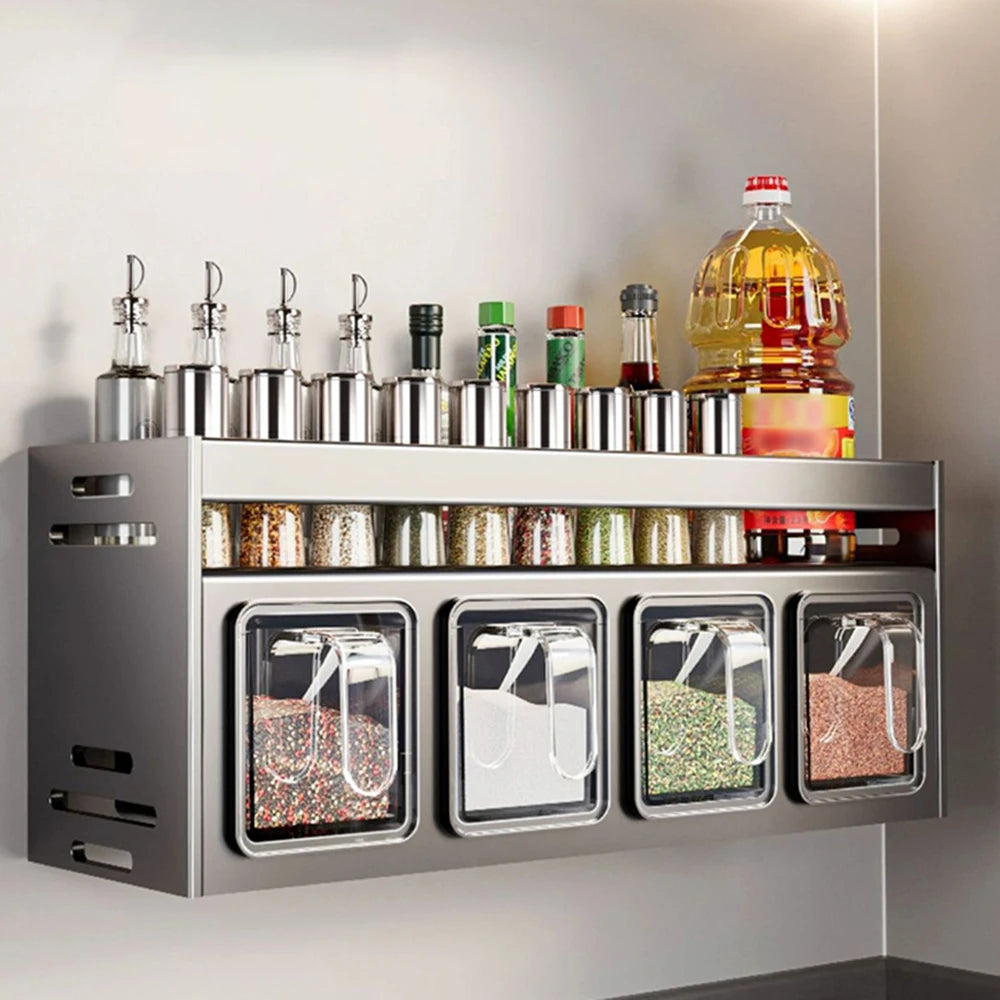 1 étagère d'assaisonnement de cuisine équipée, sans perçage, tenture murale, comptoirs, armoires, étagère de rangement d'assaisonnement multifonctionnelle