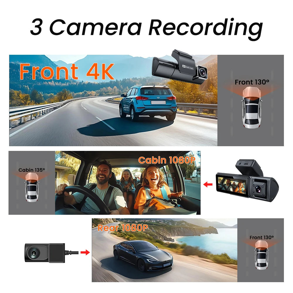 Caméra de tableau de bord Triple 4K, GPS, avant, intérieure et arrière, WiFi, 3CH, pour voiture, avec contrôle par application, Vision nocturne, Mode stationnement 24H, enregistrement en boucle