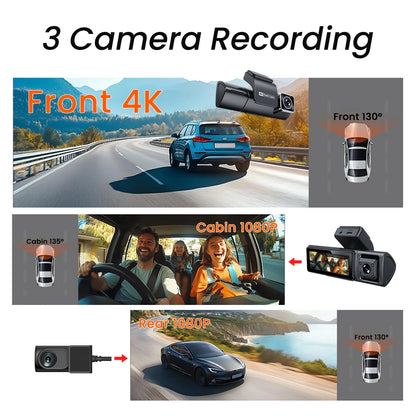 Caméra de tableau de bord Triple 4K, GPS, avant, intérieure et arrière, WiFi, 3CH, pour voiture, avec contrôle par application, Vision nocturne, Mode stationnement 24H, enregistrement en boucle