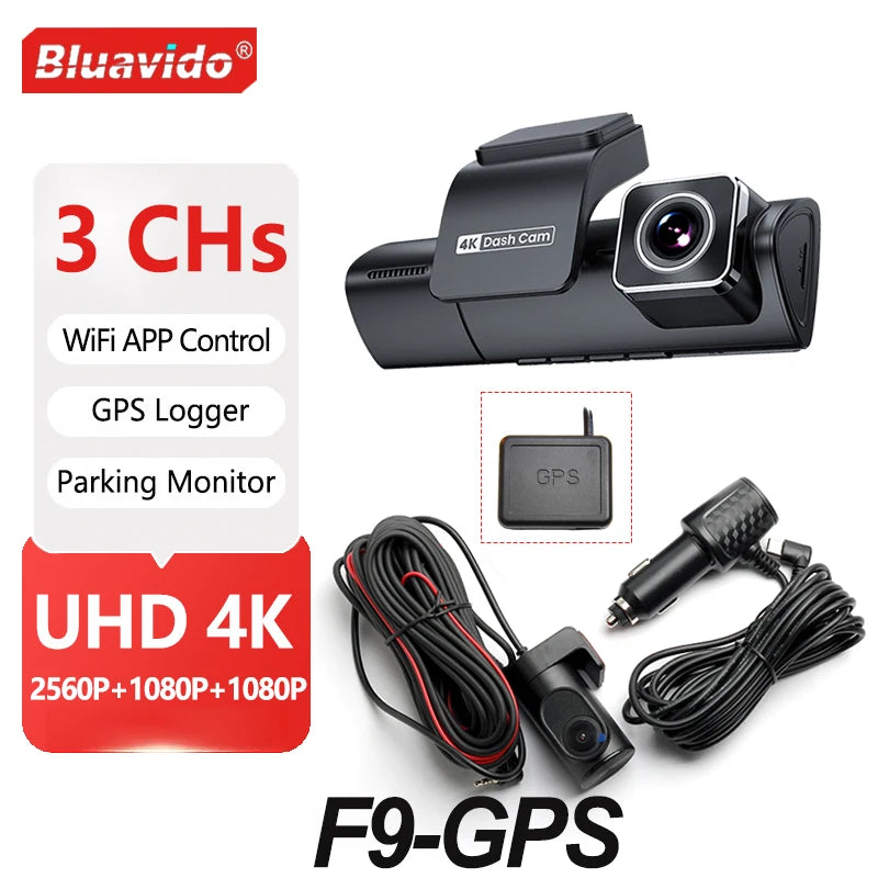 Caméra de tableau de bord Triple 4K, GPS, avant, intérieure et arrière, WiFi, 3CH, pour voiture, avec contrôle par application, Vision nocturne, Mode stationnement 24H, enregistrement en boucle