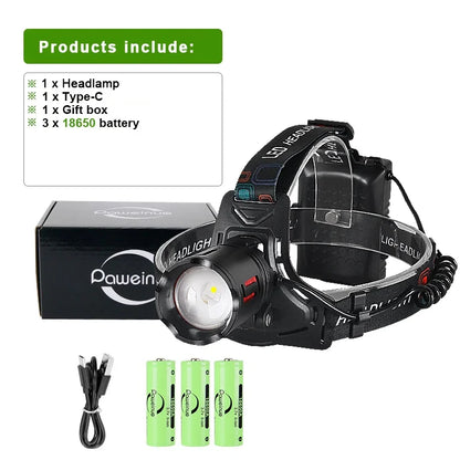 350000000   Lampe frontale LED Ultra puissante Super lumineuse 4000M lampe de poche Rechargeable torche frontale pêche chasse phare 18650