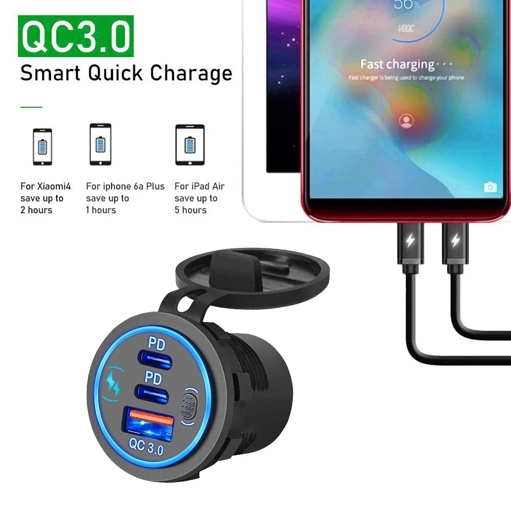 Prise de chargeur de voiture étanche avec interrupteur tactile LED, double ports USB C, charge rapide, adaptateur moto, PD3.0, QC3.0, 78W, 12V, 24V